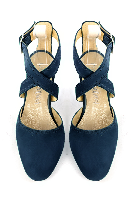 Navy blue women's open back shoes, with crossed straps. Round toe. Medium wedge heels. Top view - Florence KOOIJMAN